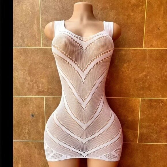 White Fishnet Cut Out Fishnet Bodycon Dress Beach Cover Up - Picture 3 of 7